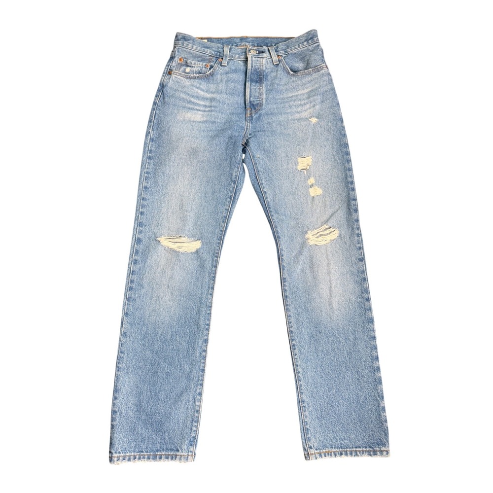 Levis Premium‎ 501 Original Fit Distressed Light Wash Jeans 28x28.5 Big E Blue